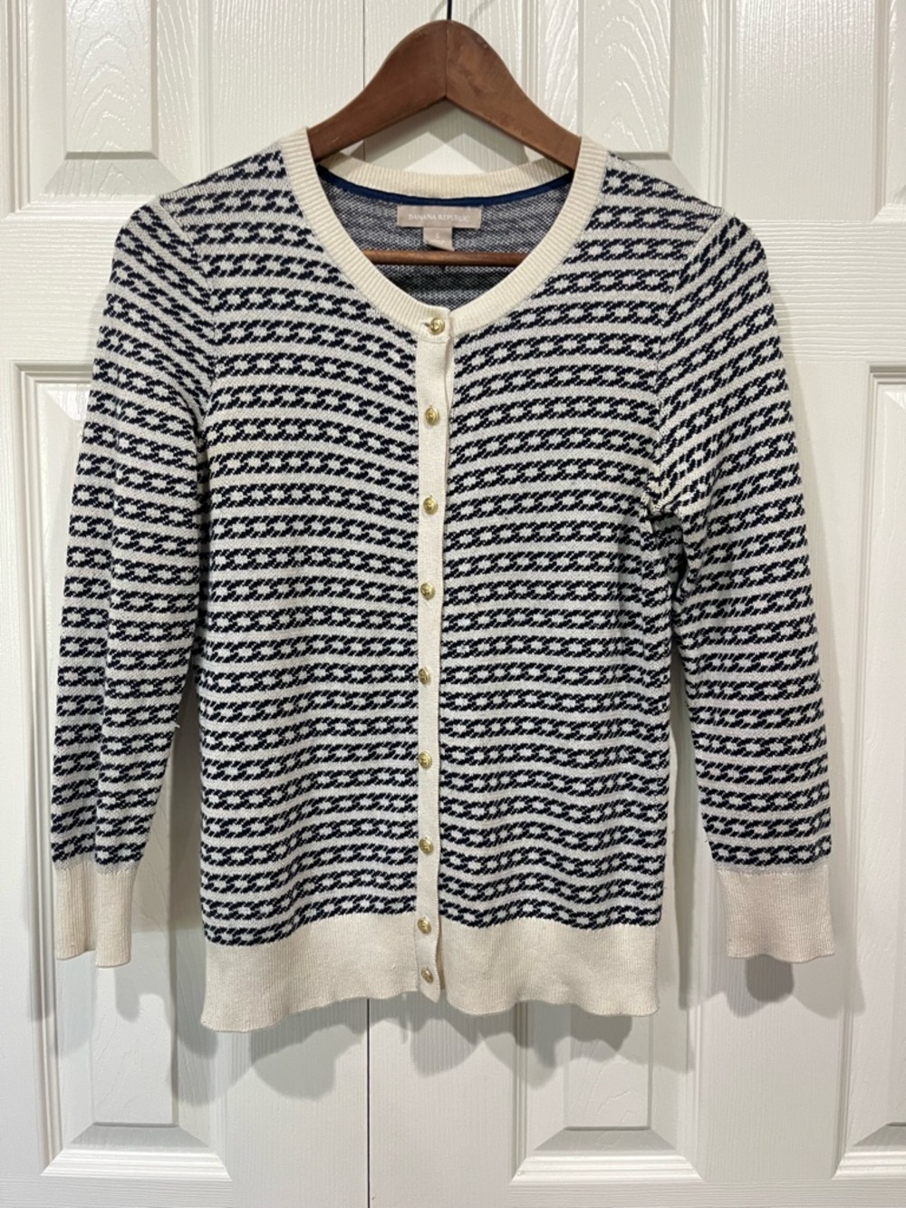 Banana Republic Silk-Blend Cardigan Sweater Cream Navy w/Gold Metal Buttons Sz S